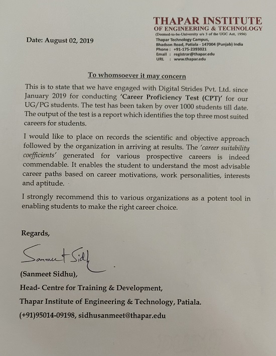 Letter from Thapar Institute